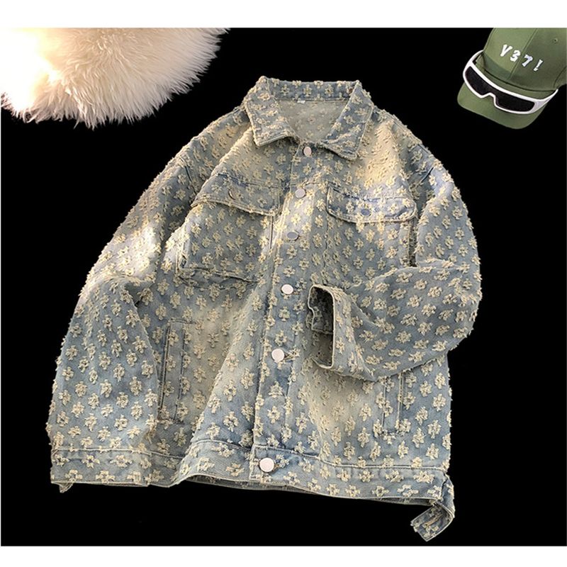 Giacca da uomo in denim casual con risvolto, stile cowboy, stile retrò, stile 2026, in jacquard, monopetto, a maniche lunghe_voghion.com