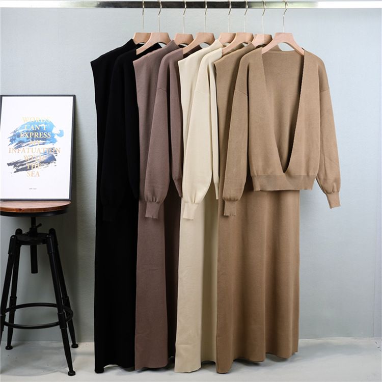 Damenbekleidung, modische Anzüge für Damen im Herbst, ärmelloser, langer Strickrock mit langärmeligem, tiefem V-Ausschnitt, zweiteiliger Anzug_voghion.com