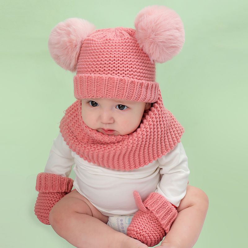 Vêtements pour bébé en laine monochrome, ensemble chaud pour enfants, chapeau, écharpe et gants, trois pièces_voghion.com