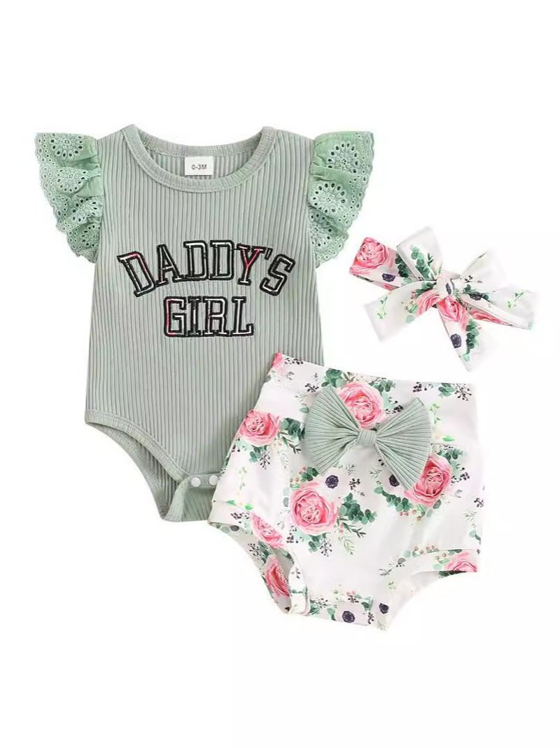 Adorabile completo da neonato composto da 3 pezzi con ricamo di lettere e stampa a fiocco, in morbida maglia di cotone, comodo ed elegante per neonati (0-12 mesi)_voghion.com