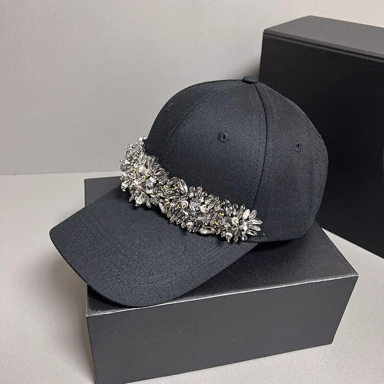 Black Hat, Women's Rhinestone Baseball Small Face, Solid Colour Hard Top Hat_voghion.com