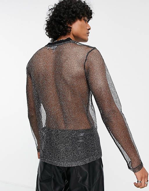 T-shirt da uomo in rete a maniche lunghe con spalle cadenti e trasparente, abbigliamento da discoteca maschile, maglietta con fondo in rete traspirante e lucido_voghion.com