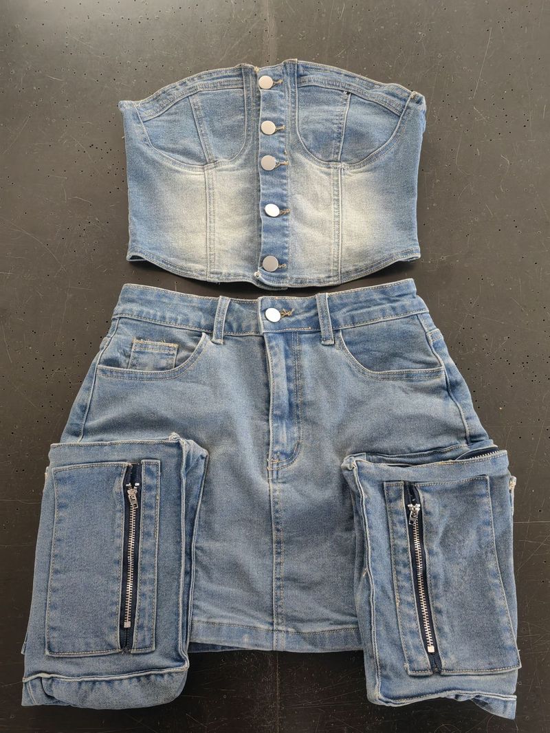 Women's Clothing Fashion Retro Strapless Short Tube Top Buttoned Elastic Washed Denim Suit_voghion.com