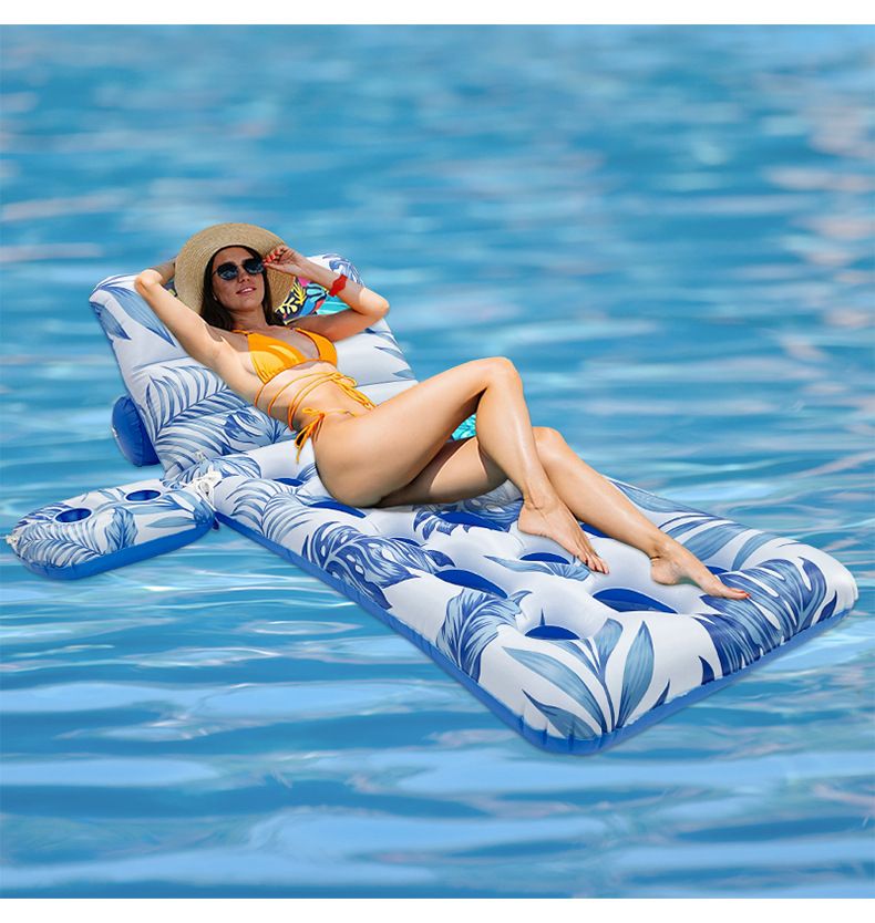 Bladtryk Oppustelig Pool Float liggestol i voksenstørrelse med åndbart mesh-design til swimmingpool strandfest og afslapning_voghion.com