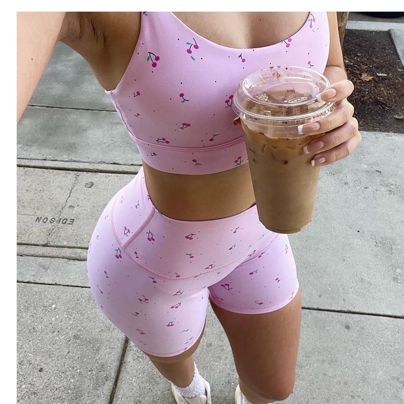 Printed Set For Women With Chest Pads, Elasticity Sports Fitness Vest, High Waist Quick-Dry Yoga Shorts, Nine-Point Long_voghion.com