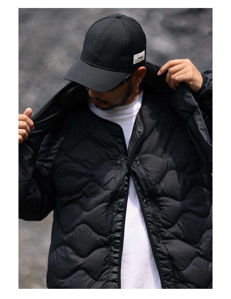 Stylish Retro Velvet-Trim Down Jacket For Men – Lightweight 90% Down Fill, Belted Waist & Collarless Design (Black/Brown/Army Green)_voghion.com