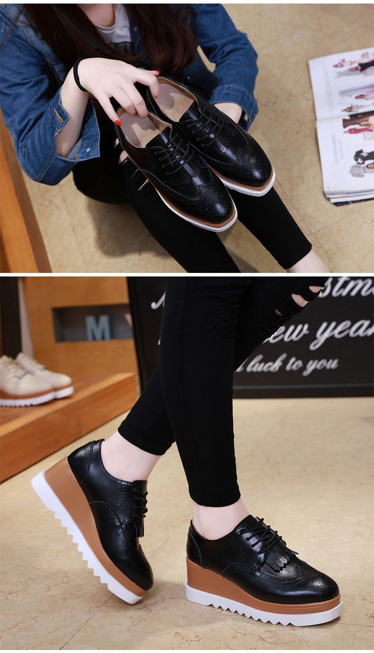 Zapatos de plataforma con suela gruesa y flecos para mujer, con puntera redonda y cordones, para uso diario informal. Estilo británico. Zapatos de cuero para mujer._voghion.com