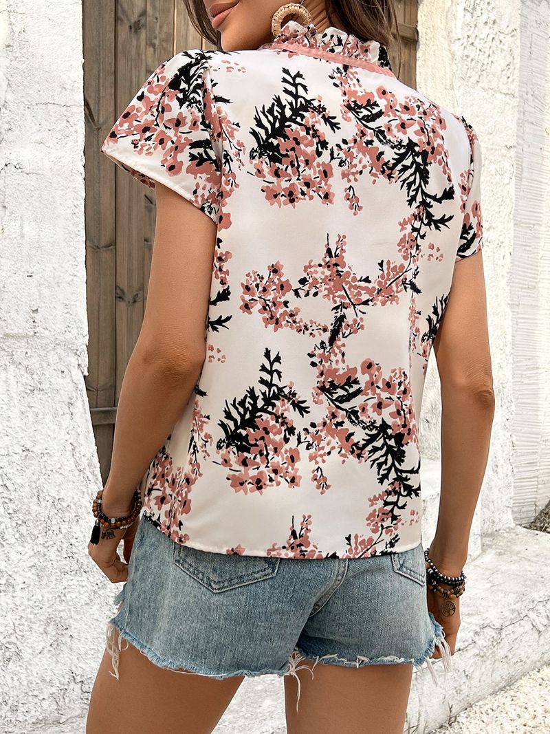 2025 New Spring Summer Floral Print Tie Short Sleeve Blouse Women's Shirt_voghion.com