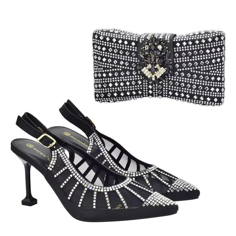 Sandali con tacco a spillo incastonati di diamanti con set di borse da cena Borsa da sera con strass dal design elegante_voghion.com