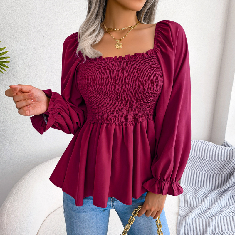 Camisa sólida para mujer, Tops informales con cuello cuadrado y manga larga de gasa con orejas de madera_voghion.com