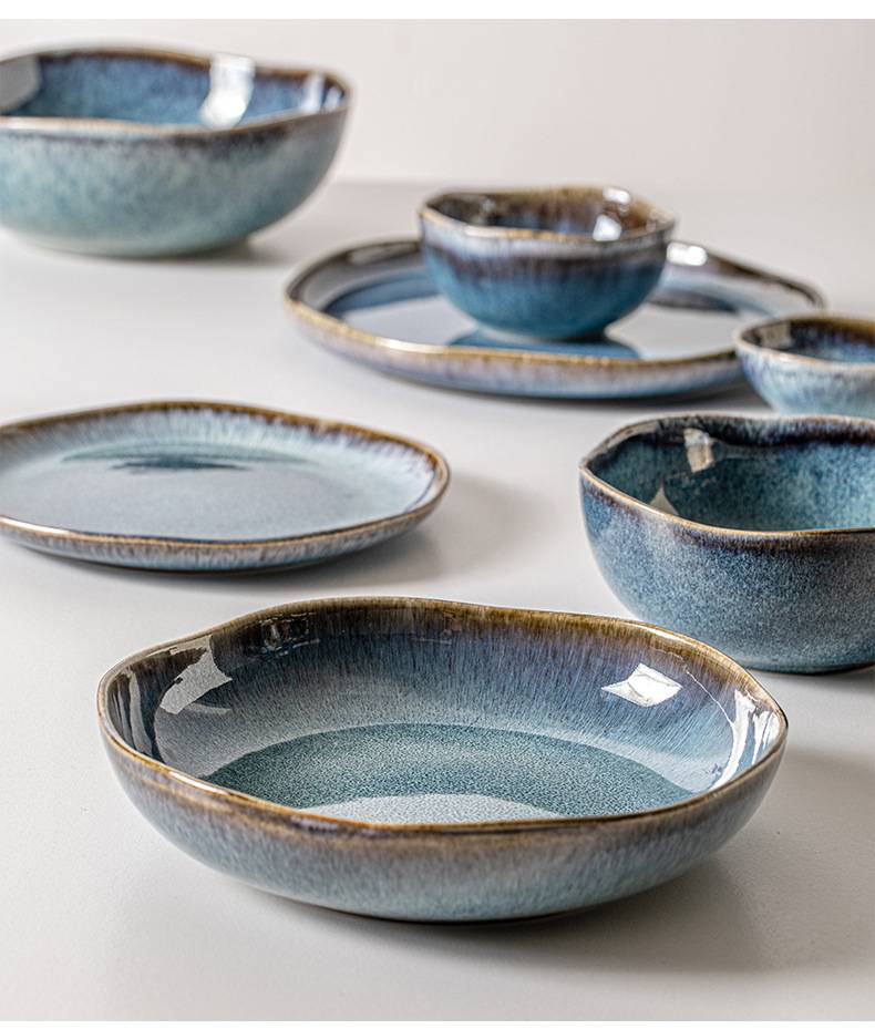 Cerulean Glaze Dinnerware Set - Handmade Kiln-Fired Blue Ceramic Plates & Bowls_voghion.com