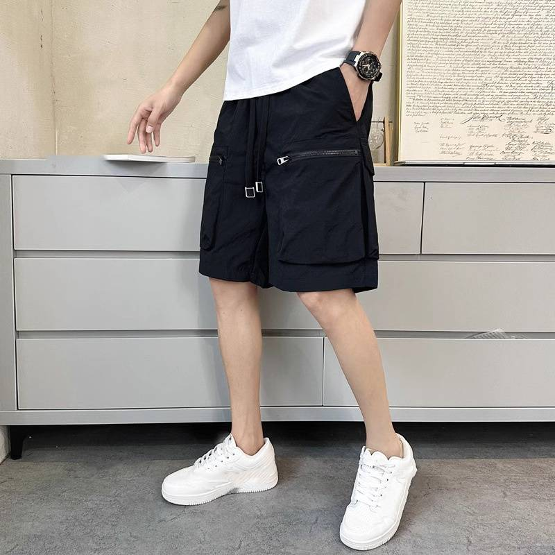 Snel drogende zomerse, dunne, effenkleurige, losse werkbroek met meerdere zakken voor heren, 5-inch casual, trendy merk sportbroek_voghion.com