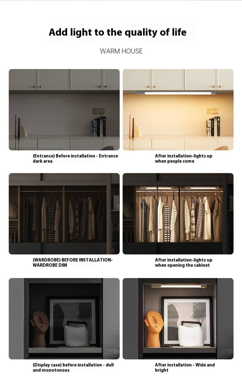 Lichtstrip met menselijke lichaamssensor, intelligente LED-magnetische aantrekkingskracht, geen bedrading nodig, oplaadbare zelfklevende lichtstrip voor keuken en garderobe_voghion.com