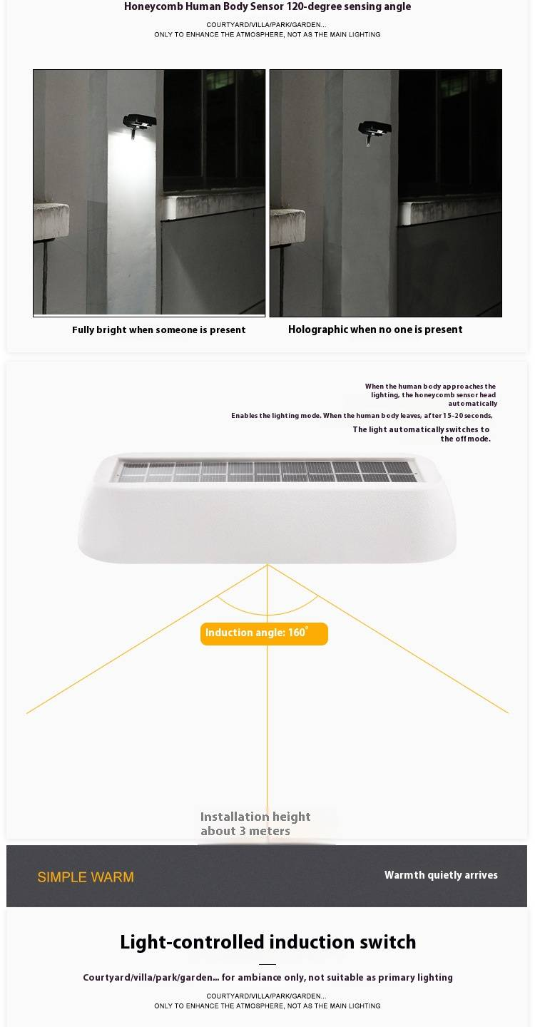 Luminária de parede com sensor de movimento solar de 12 LEDs, à prova d'água, para jardim externo com liga/desliga automático, luz branca para pátio, quintal, caminho, cerca_voghion.com
