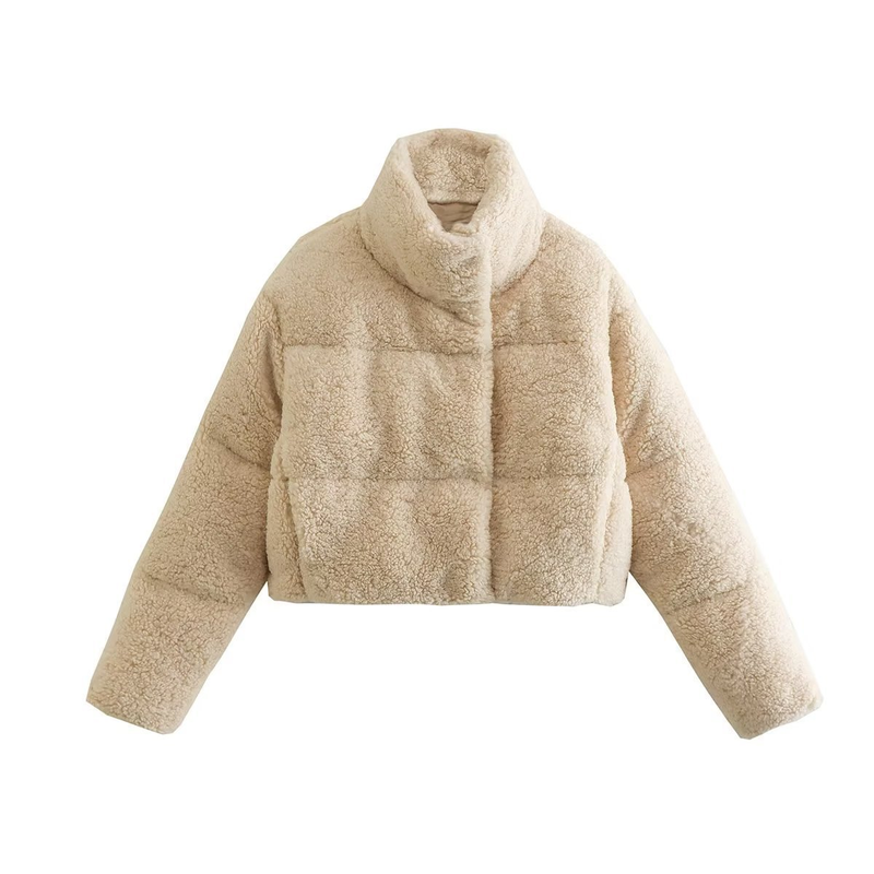 Women's Clothing Retro Sherpa Jacket - Short Fleece Coat With Stand Collar & Utility Pockets Casual Short Velvet Cotton Jacket Lambskin Retro Coat_voghion.com