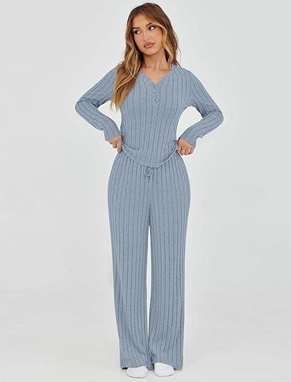Ensemble de survêtement décontracté en tricot pour femme, haut à manches longues et pantalon ample, tenue deux pièces pour l'automne et l'hiver_voghion.com