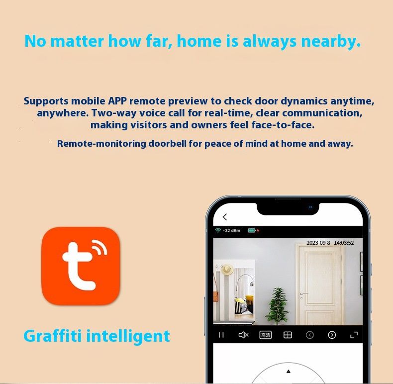 Campanello video intelligente con telecamera 480P, WiFi 2.4G, audio bidirezionale e visione notturna, campanello wireless ricaricabile per la sicurezza domestica_voghion.com