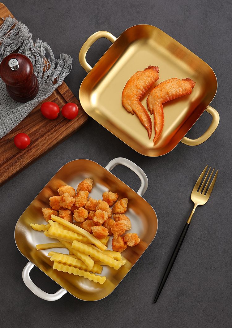 Vassoio per patatine fritte in acciaio inossidabile con bordo dritto, quadrato profondo, doppio manico, fondo piatto, piatto creativo per snack_voghion.com