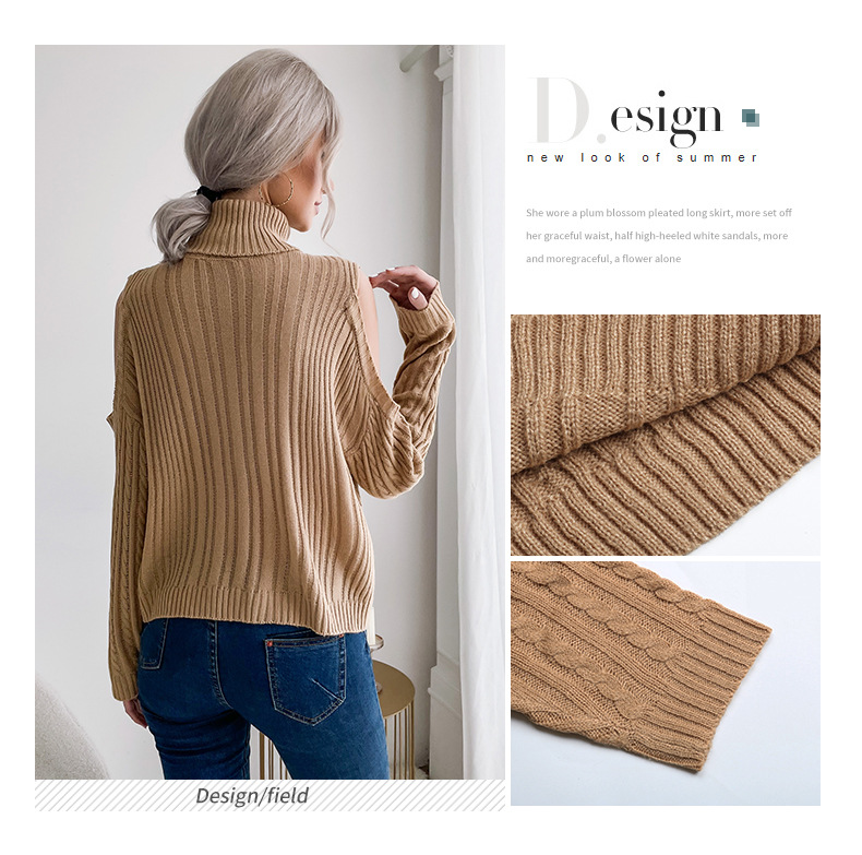 Damenmode-Rollkragenpullover, einfarbig, langärmelig, schulterfreier Twist-Pullover_voghion.com