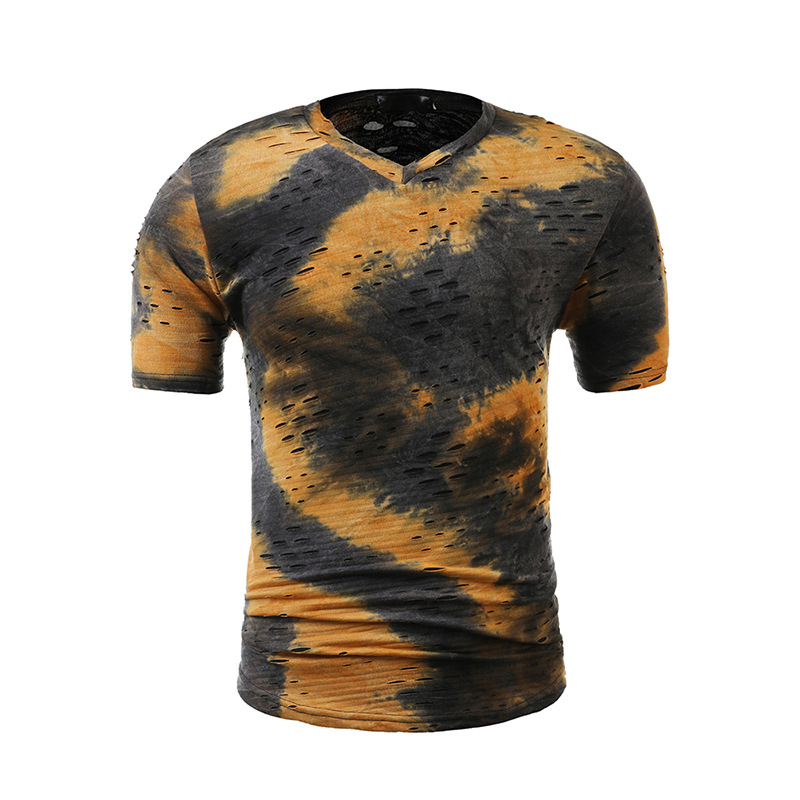 Herrenbekleidung, lässige Mode, offene Persönlichkeit, Lochform, farblich passendes großes Kurzarm-T-Shirt mit V-Ausschnitt_voghion.com