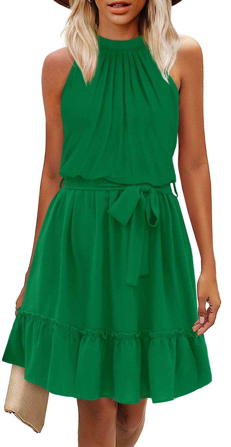 2023 Frühling und Sommer, A-Linien-Rock, Neckholder, florales Schnür-Tunika-Kleid mit offenem Rücken_voghion.com