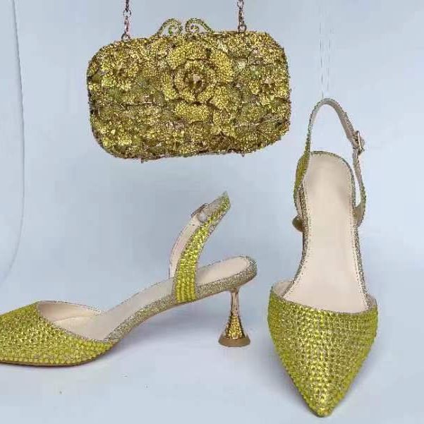 Evening Match With Sparkling Diamond Embellished High Heeled Sandals And Imitation Drawstring Jewel Handbag Set Shoes And Bag_voghion.com