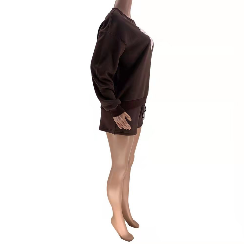 Women's fashion casual printed shorts two-piece set plus fleece long-sleeved hoodie set_voghion.com