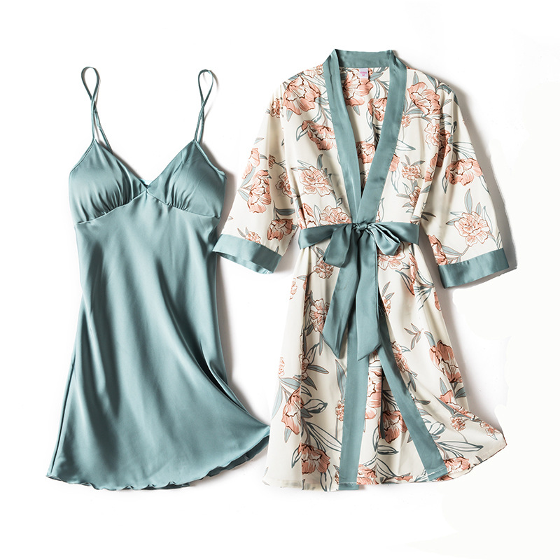 Pigiama di seta femminile Camicia da notte a due pezzi con bretelle a maniche lunghe Camicia da notte stampata in seta sottile con cuscinetto per il seno_voghion.com