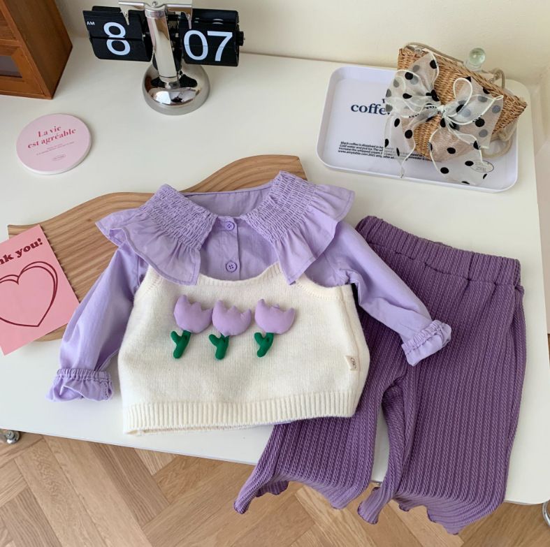 Kinderkleidung Mädchen Blumenherz Pullover mit Kragen Hemd und Schlaghose dreiteiliges Set_voghion.com