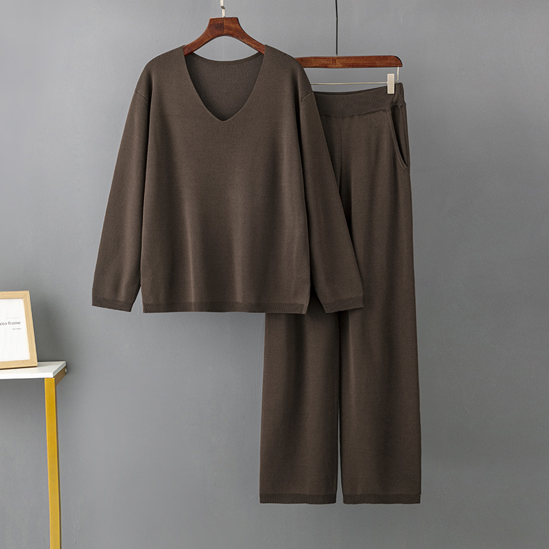 Set da donna in seta di ghiaccio tinta unita con scollo a V, set di due pezzi maglione casual sciolto a vita alta_voghion.com