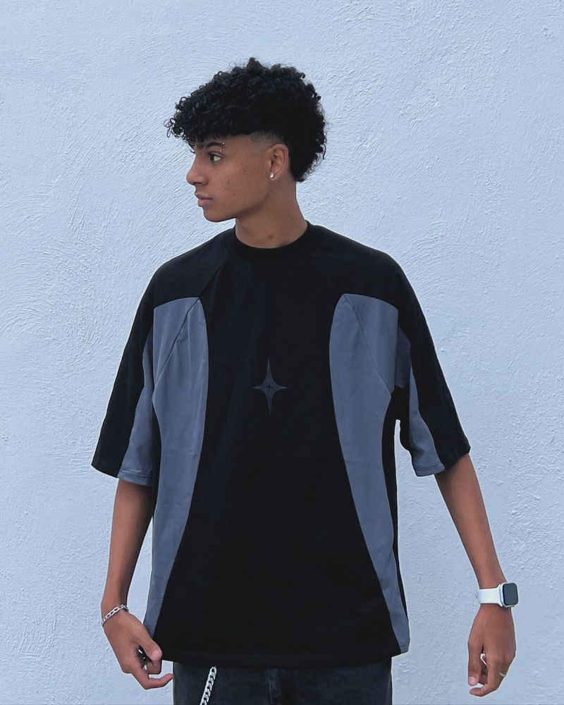 Camiseta masculina estilo ins com costura geométrica e listras, camiseta solta estilo hip hop de rua para casais_voghion.com