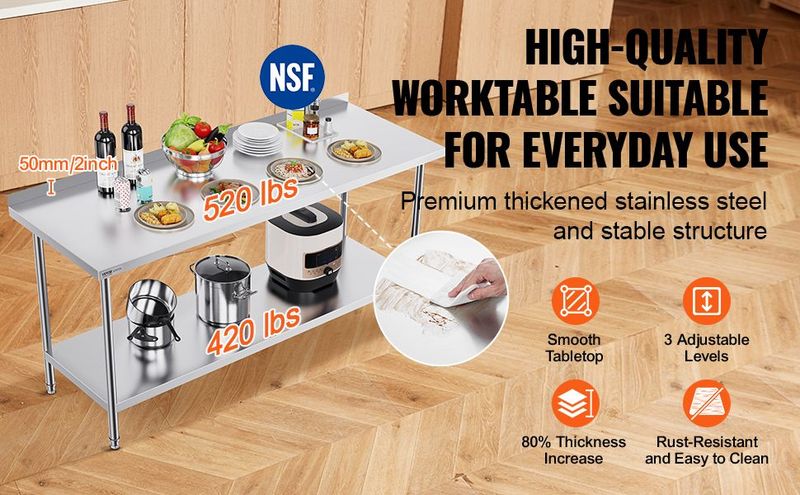 VEVOR 24 X 72 X 36 Inch Stainless Steel Work Table, Commercial Food Prep Worktable Heavy Duty Prep Worktable, Metal Work Table With Adjustable Height For Restaurant, Home And Hotel_voghion.com