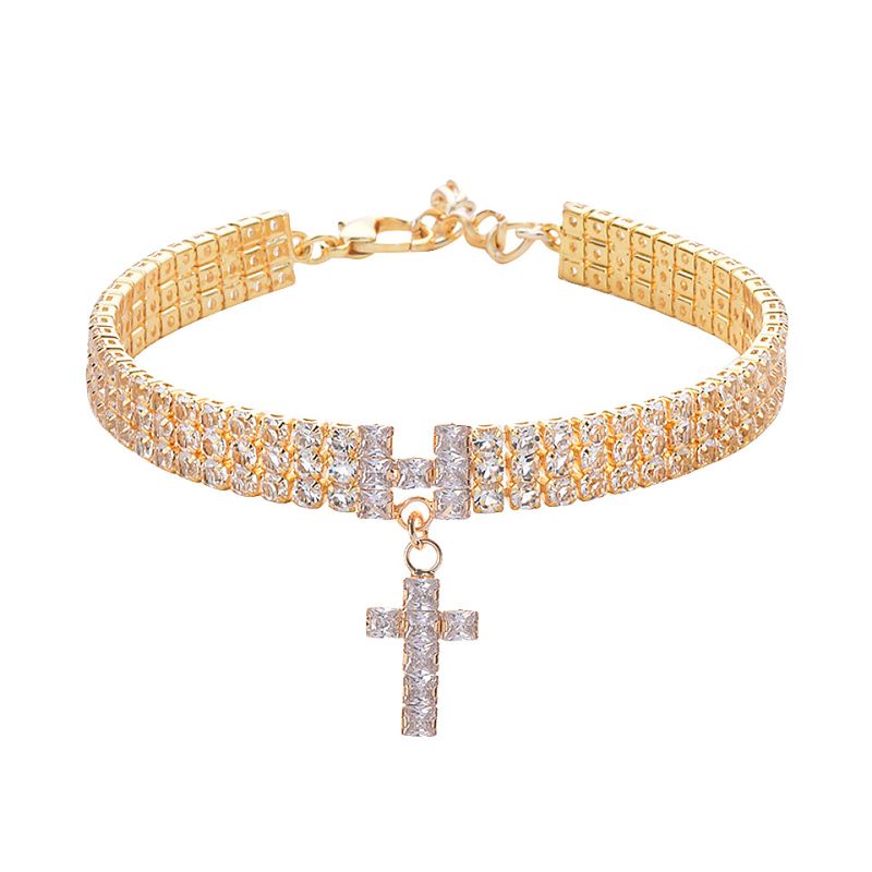 Naszyjnik z krzyżem dla zwierząt Luźny diament Pełny diament Trzy rzędy obroży z cyrkonii Wisiorek ze srebra pozłacanego Łańcuszek dla kota i psa_voghion.com