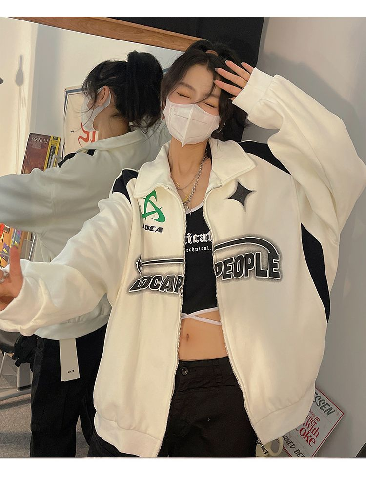 Jauna burtu apdrukas rāvējslēdzēja lielizmēra jaka sievietēm Y2K Retro Hip Hop vaļīga tendences jaka korejiešu modes ielas ikdienas jaka_voghion.com