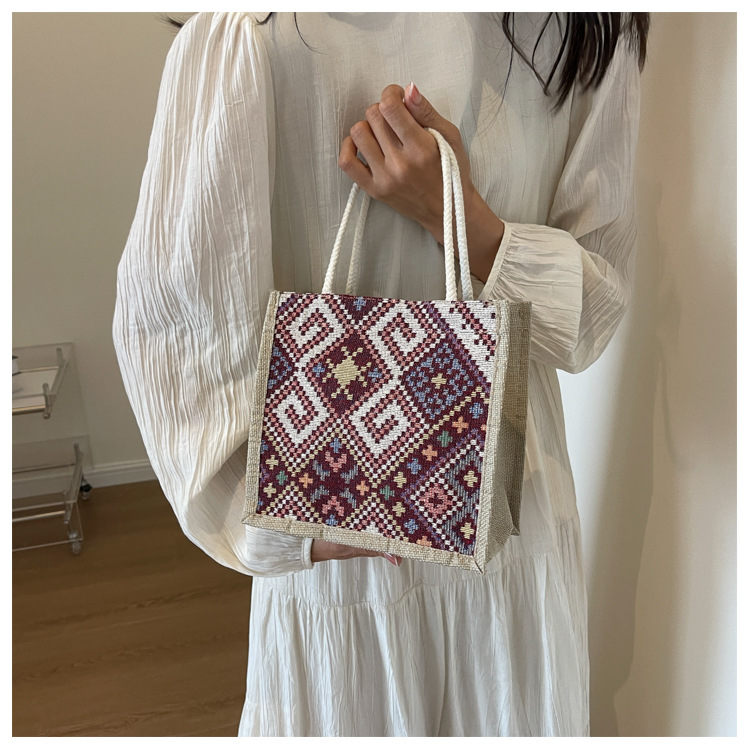 Ethnic Style Canvas Bag for Women, New Fashion for Going Out, Portable Linen Lunch Box, Bento Bag, Hand-held Mommy Bag_voghion.com