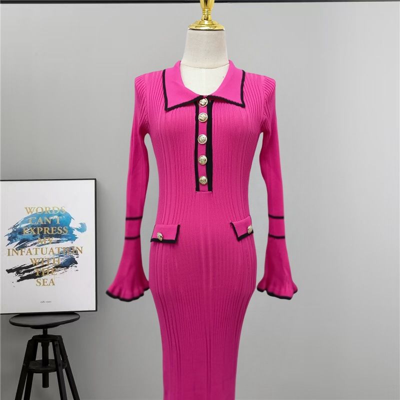 Inspired Strickkleid mit Babydoll-Kragen – X-Linien-Langarmkleid für Damen mit ausgestelltem Saum und Knopfdetail (S-XL, einfarbig, hohe Taille)_voghion.com
