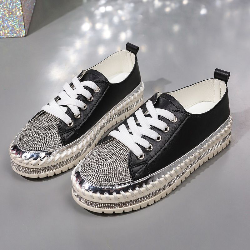Scarpe piccole bianche con strass autunno nuovo tondo testa spessa fondo muffin mocassini scarpe lacci delle scarpe_voghion.com