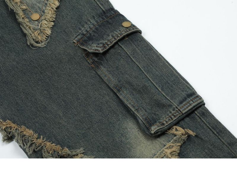 American Retro Multi Pocket Star Raw Edge Jeans For Men And Women Trendy Loose Washed Distressed Wide Leg Pants Summer_voghion.com