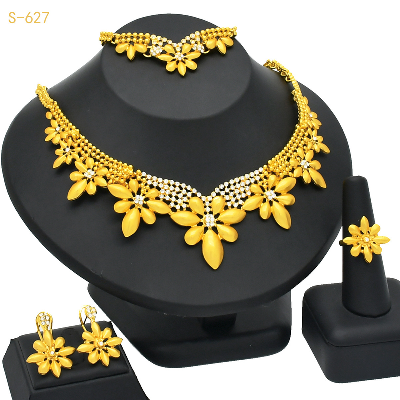 Vergulde sieradenset bloem overdreven lange ketting ring armband oorbellen 4-delige set_voghion.com