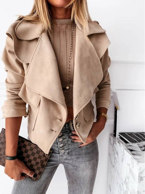 Abbigliamento donna autunno e inverno giacca in pelle di daino con bottoni in velluto a maniche lunghe con risvolto piccolo cappotto_voghion.com