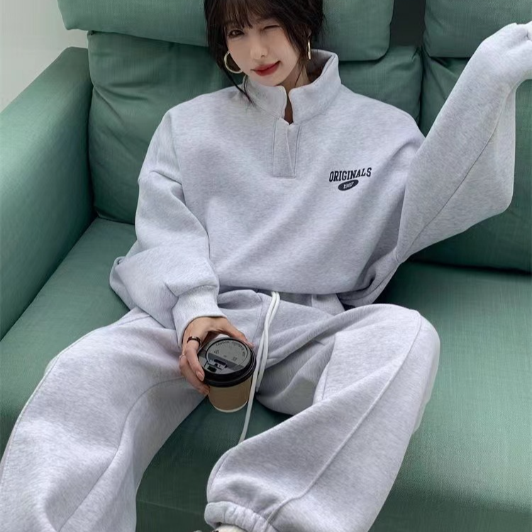 Women's Clothing Sweatshirt and sweatpants suit autumn and winter new style plus velvet street fashion casual running sportswear two piece suit_voghion.com