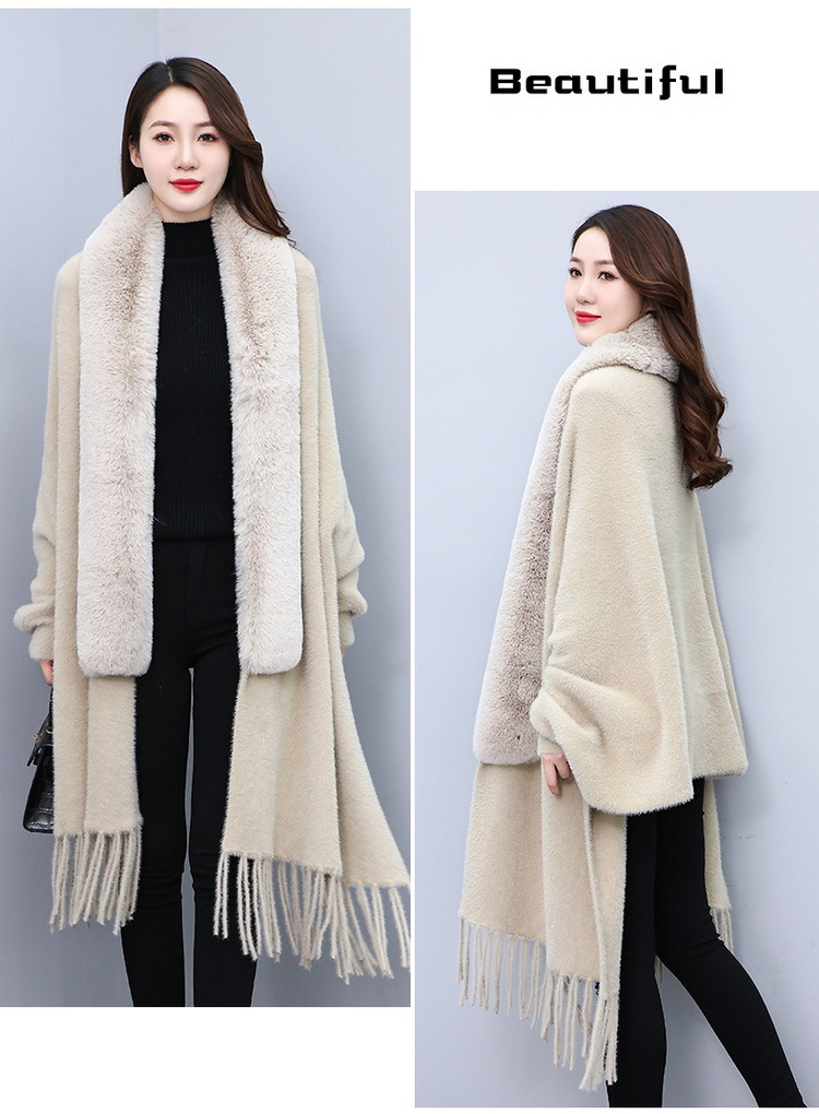 Mantella con collo di pelliccia medio lungo, grande taglia, cardigan lavorato a maglia con frange e mantello da donna_voghion.com