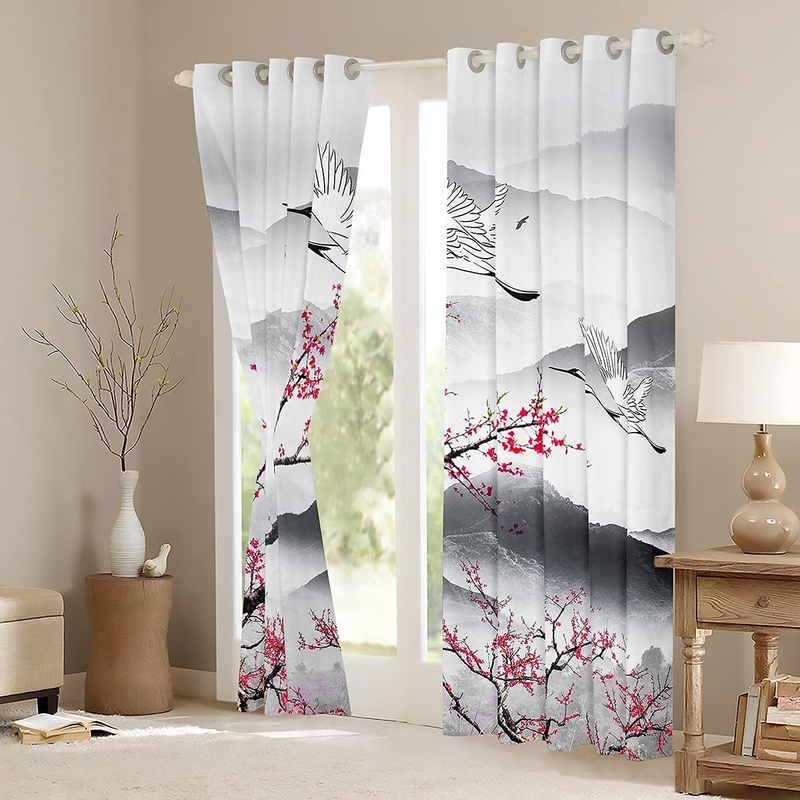 Cherry Blossom Window Treatments Crane Hokusai Pattern Window Curtains For Bedroom Living Room Teens Japanese Ukiyoe Window Drapes Japanese Style_voghion.com