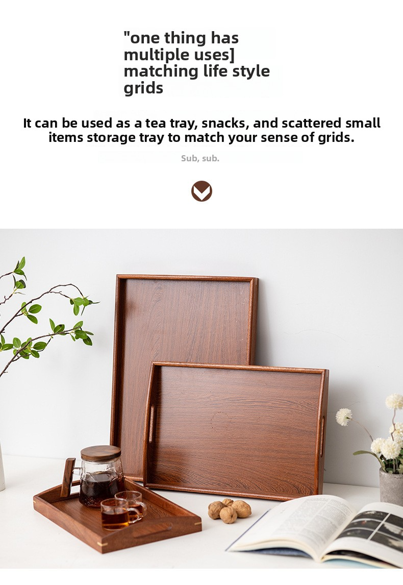 Solid Wood Tea Tray With Bamboo Handle - Right-Angle Tea Serving Tray For Home & Hotel Use_voghion.com