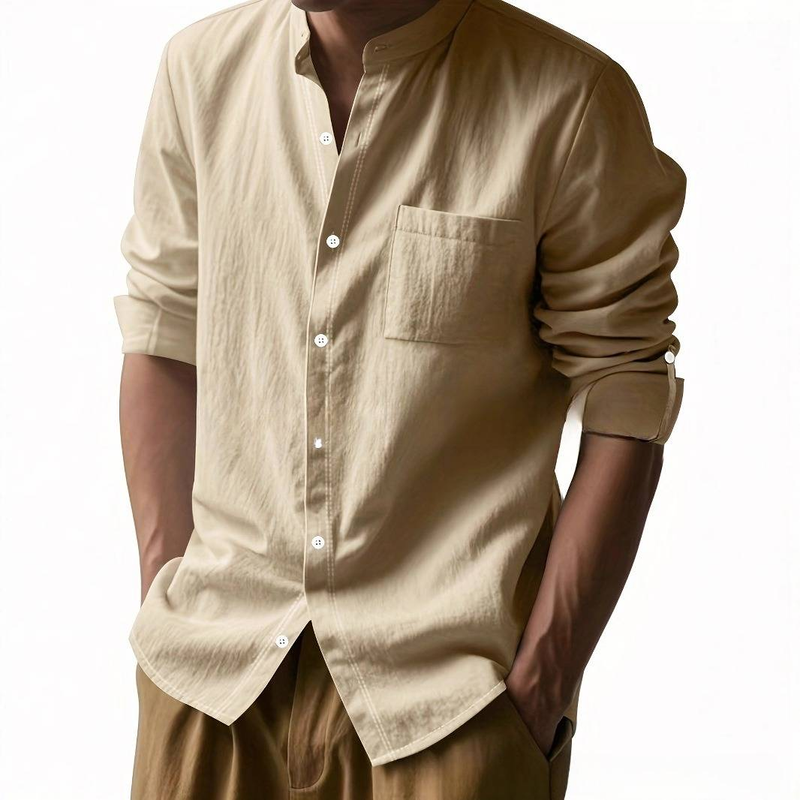 Herren Leinenhemd Langarm Stehkragen Atmungsaktiv Lässig Mit Aufgesetzten Taschen – Leicht & Knitterfrei (S-XXXL, 6 Farben)_voghion.com
