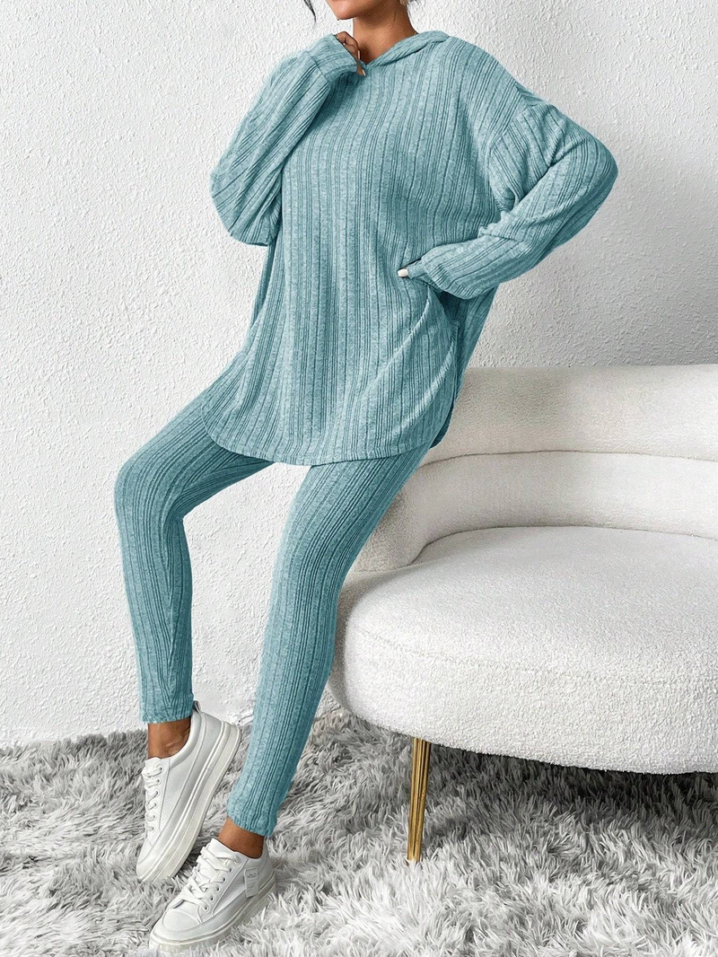 Geripptes, einfarbiges Langarm-Kapuzenoberteil und Leggings-Set in Übergröße, lässiges 2-teiliges Damen-Set mit hohem Stretchanteil_voghion.com