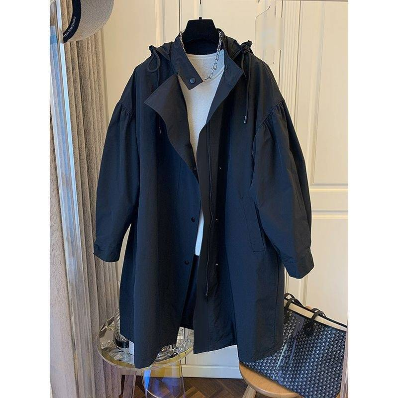 Damen-Trenchcoat mit Kapuze und Kordelzug in der Taille, locker sitzende, langärmlige Freizeitjacke, schlankmachende, mittellange Oberbekleidung für den Herbst_voghion.com