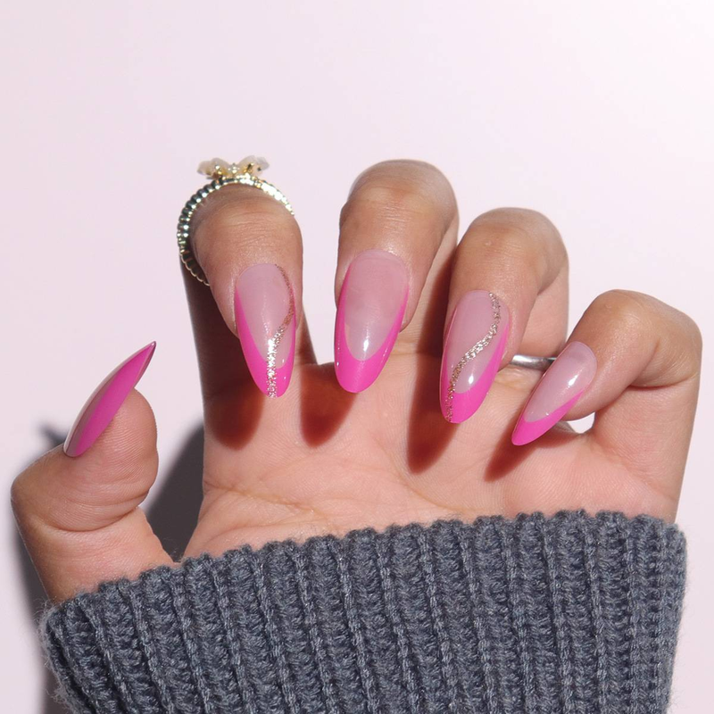 Eleganti unghie a mandorla rosa pesca con punte glitterate dorate - Unghie finte di lusso e alla moda per le donne, unghie finte riutilizzabili e alla moda_voghion.com