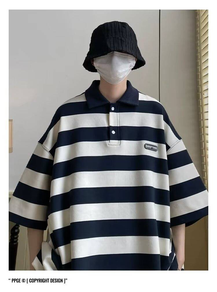 Men’s Heavyweight Stripe Polo Shirt – Short Sleeve, Loose Fit, Embroidered Collar, Streetwear Style (M-2XL, Black/Blue)_voghion.com