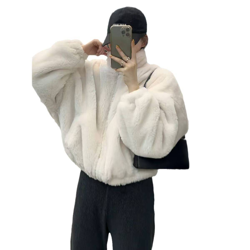 Chaqueta polar acogedora para mujer, abrigo corto de invierno con cuello alto, suave forro polar, chaqueta holgada y cálida con cremallera para looks casuales._voghion.com